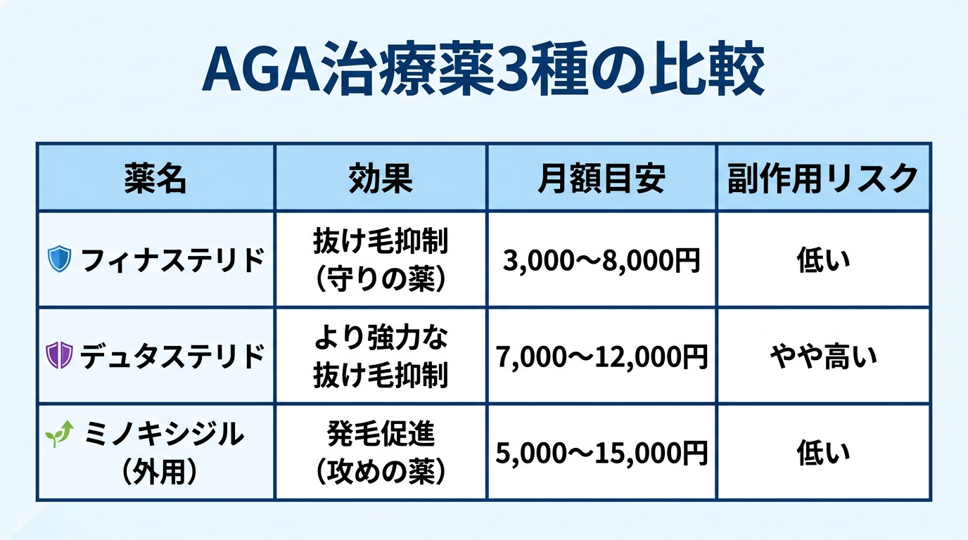 タイトル: AGA治療薬3種の比較。4列の表: ヘッダー行: 薬名 | 効果 | 月額目安 | 副作用リスク。行1: フィナステリド | 抜け毛抑制（守りの薬） | 3,000〜8,000円 | 低い。行2: デュタステリド | より強力な抜け毛抑制 | 7,000〜12,000円 | やや高い。行3: ミノキシジル（外用） | 発毛促進（攻めの薬） | 5,000〜15,000円 | 低い