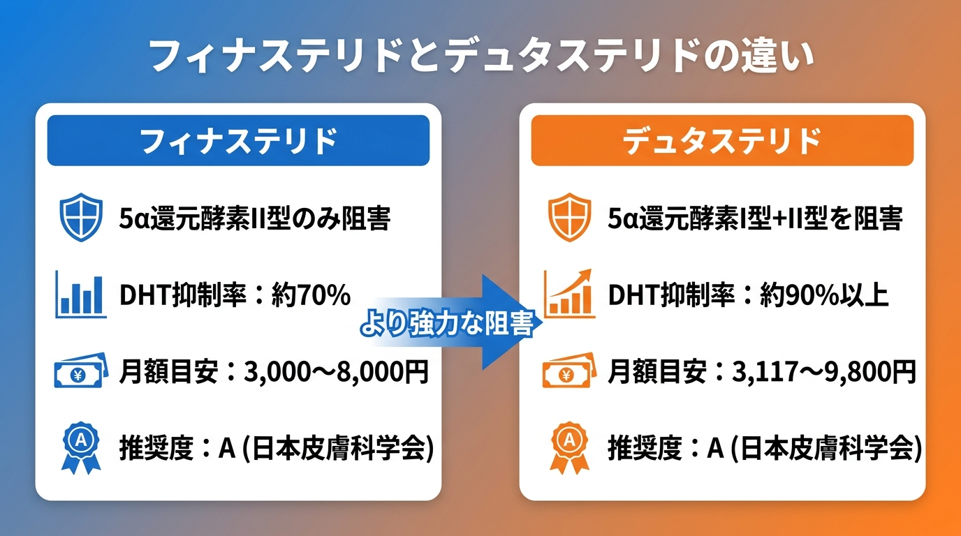 タイトル: フィナステリドとデュタステリドの違い。横並び2カード比較。左カード(青): フィナステリド。5α還元酵素II型のみ阻害。DHT抑制率: 約70%。月額目安: 3,000〜8,000円。推奨度: A(日本皮膚科学会)。右カード(オレンジ): デュタステリド。5α還元酵素I型+II型を阻害。DHT抑制率: 約90%以上。月額目安: 3,117〜9,800円。推奨度: A(日本皮膚科学会)。中央に矢印「より強力な阻害」の説明テキスト。