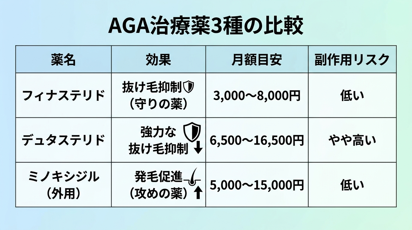 タイトル: AGA治療薬3種の比較。4列の表: ヘッダー行: 薬名 | 効果 | 月額目安 | 副作用リスク。行1: フィナステリド | 抜け毛抑制（守りの薬） | 3,000〜8,000円 | 低い。行2: デュタステリド | 強力な抜け毛抑制 | 6,500〜16,500円 | やや高い。行3: ミノキシジル（外用） | 発毛促進（攻めの薬） | 5,000〜15,000円 | 低い