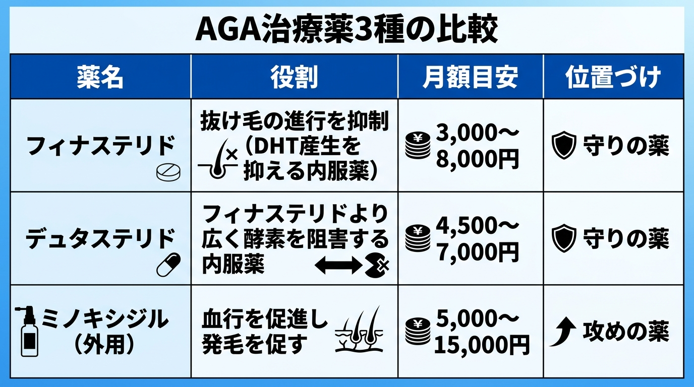 タイトル: AGA治療薬3種の比較。4列の表: ヘッダー行: 薬名 | 役割 | 月額目安 | 位置づけ。行1: フィナステリド | 抜け毛の進行を抑制(DHT産生を抑える内服薬) | 3,000〜8,000円 | 守りの薬。行2: デュタステリド | フィナステリドより広く酵素を阻害する内服薬 | 4,500〜7,000円 | 守りの薬。行3: ミノキシジル(外用) | 血行を促進し発毛を促す | 5,000〜15,000円 | 攻めの薬