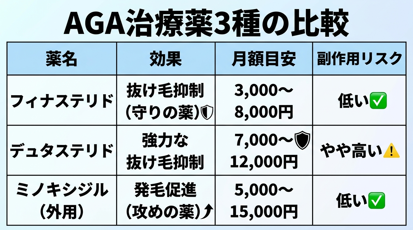 タイトル: AGA治療薬3種の比較。4列の表: ヘッダー行: 薬名 | 効果 | 月額目安 | 副作用リスク。行1: フィナステリド | 抜け毛抑制（守りの薬） | 3,000〜8,000円 | 低い。行2: デュタステリド | 強力な抜け毛抑制 | 7,000〜12,000円 | やや高い。行3: ミノキシジル（外用） | 発毛促進（攻めの薬） | 5,000〜15,000円 | 低い