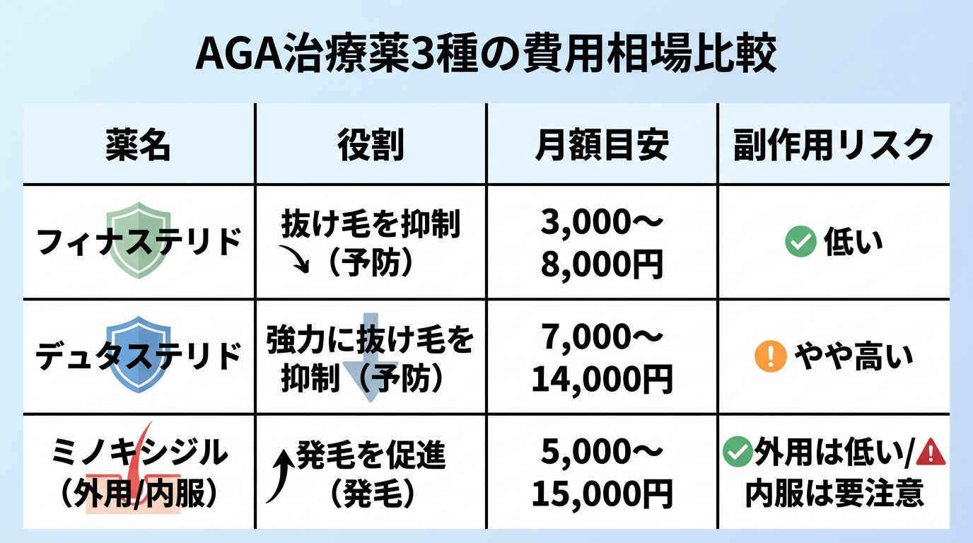 タイトル: AGA治療薬3種の費用相場比較。4列の表。ヘッダー行: 薬名 | 役割 | 月額目安 | 副作用リスク。行1: フィナステリド | 抜け毛を抑制(予防) | 3,000〜8,000円 | 低い。行2: デュタステリド | 強力に抜け毛を抑制(予防) | 7,000〜14,000円 | やや高い。行3: ミノキシジル(外用/内服) | 発毛を促進(発毛) | 5,000〜15,000円 | 外用は低い/内服は要注意