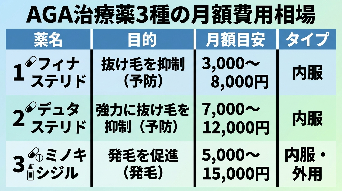 タイトル: AGA治療薬3種の月額費用相場。4列の表: ヘッダー行: 薬名 | 目的 | 月額目安 | タイプ。行1: フィナステリド | 抜け毛を抑制(予防) | 3,000〜8,000円 | 内服。行2: デュタステリド | 強力に抜け毛を抑制(予防) | 7,000〜12,000円 | 内服。行3: ミノキシジル | 発毛を促進(発毛) | 5,000〜15,000円 | 内服・外用