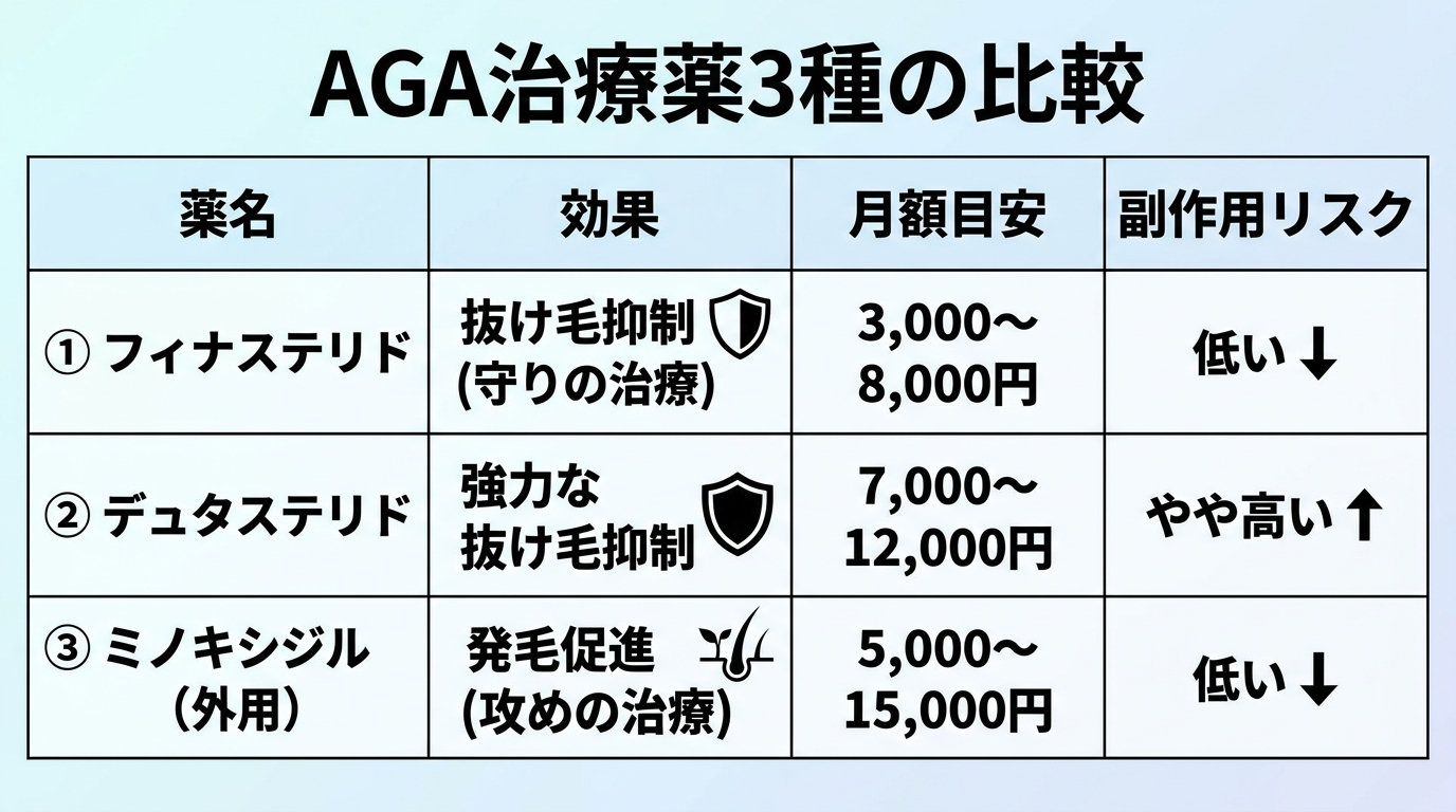 タイトル: AGA治療薬3種の比較。4列の表: ヘッダー行: 薬名 | 効果 | 月額目安 | 副作用リスク。行1: フィナステリド | 抜け毛抑制(守りの治療) | 3,000〜8,000円 | 低い。行2: デュタステリド | 強力な抜け毛抑制 | 7,000〜12,000円 | やや高い。行3: ミノキシジル(外用) | 発毛促進(攻めの治療) | 5,000〜15,000円 | 低い