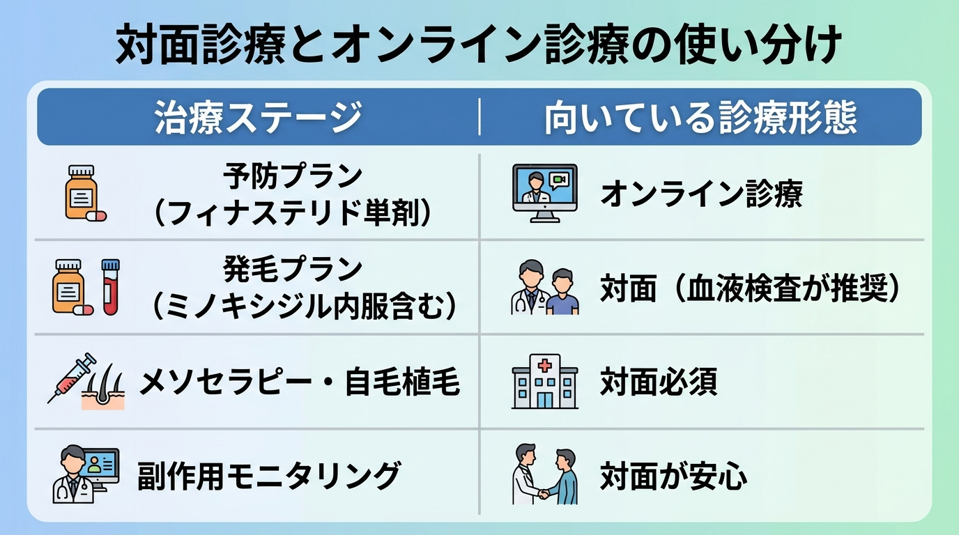 タイトル: 対面診療とオンライン診療の使い分け。2列の比較表。ヘッダー行: 治療ステージ | 向いている診療形態。行1: 予防プラン(フィナステリド単剤) | オンライン診療。行2: 発毛プラン(ミノキシジル内服含む) | 対面(血液検査が推奨)。行3: メソセラピー・自毛植毛 | 対面必須。行4: 副作用モニタリング | 対面が安心。