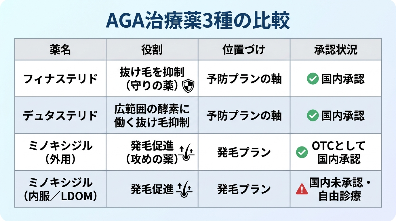 タイトル: AGA治療薬3種の比較。4列の表。ヘッダー行: 薬名 | 役割 | 位置づけ | 承認状況。行1: フィナステリド | 抜け毛を抑制(守りの薬) | 予防プランの軸 | 国内承認。行2: デュタステリド | 広範囲の酵素に働く抜け毛抑制 | 予防プランの軸 | 国内承認。行3: ミノキシジル(外用) | 発毛促進(攻めの薬) | 発毛プラン | OTCとして国内承認。行4: ミノキシジル(内服/LDOM) | 発毛促進 | 発毛プラン | 国内未承認・自由診療。