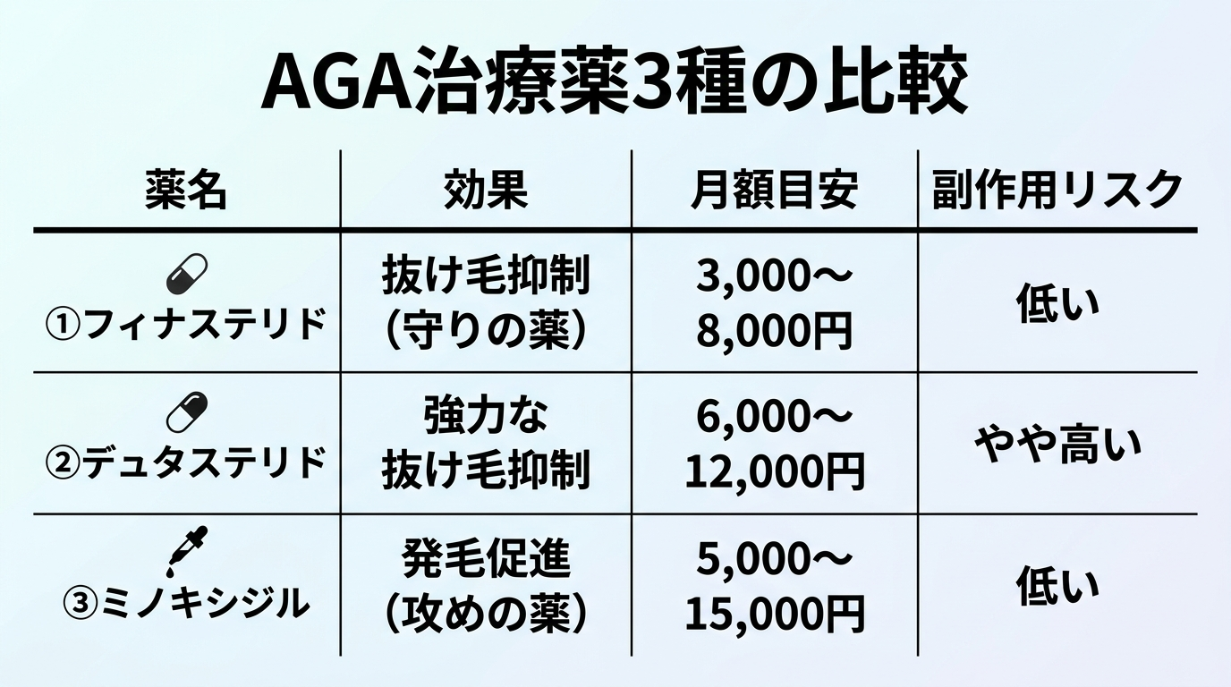 タイトル: AGA治療薬3種の比較。4列の表: ヘッダー行: 薬名 | 効果 | 月額目安 | 副作用リスク。行1: フィナステリド | 抜け毛抑制(守りの薬) | 3,000〜8,000円 | 低い。行2: デュタステリド | 強力な抜け毛抑制 | 6,000〜12,000円 | やや高い。行3: ミノキシジル | 発毛促進(攻めの薬) | 5,000〜15,000円 | 低い