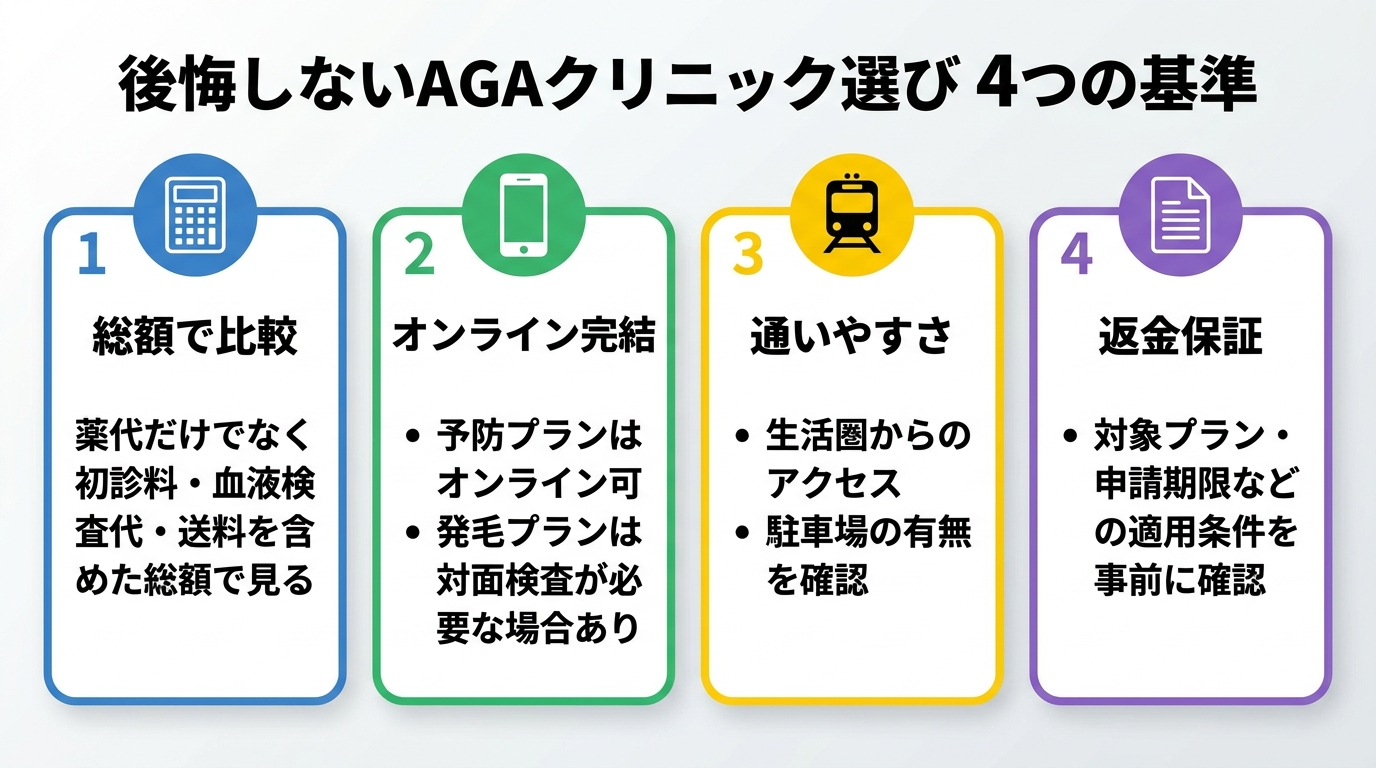 タイトル: 後悔しないAGAクリニック選び 4つの基準。縦並び4カード: カード1（電卓のアイコン）総額で比較: 薬代だけでなく初診料・血液検査代・送料を含めた総額で見る。カード2（スマホのアイコン）オンライン完結: 予防プランはオンライン可、発毛プランは対面検査が必要な場合あり。カード3（電車のアイコン）通いやすさ: 生活圏からのアクセス・駐車場の有無を確認。カード4（書類のアイコン）返金保証: 対象プラン・申請期限などの適用条件を事前に確認