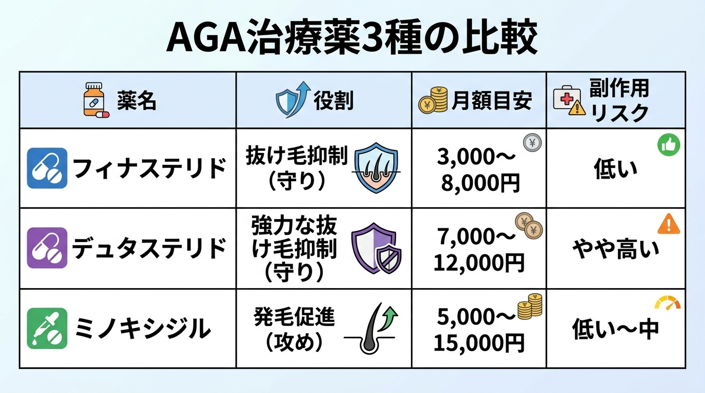 タイトル: AGA治療薬3種の比較。4列の表: ヘッダー行: 薬名 | 役割 | 月額目安 | 副作用リスク。行1: フィナステリド | 抜け毛抑制（守り） | 3,000〜8,000円 | 低い。行2: デュタステリド | 強力な抜け毛抑制（守り） | 7,000〜12,000円 | やや高い。行3: ミノキシジル | 発毛促進（攻め） | 5,000〜15,000円 | 低い〜中