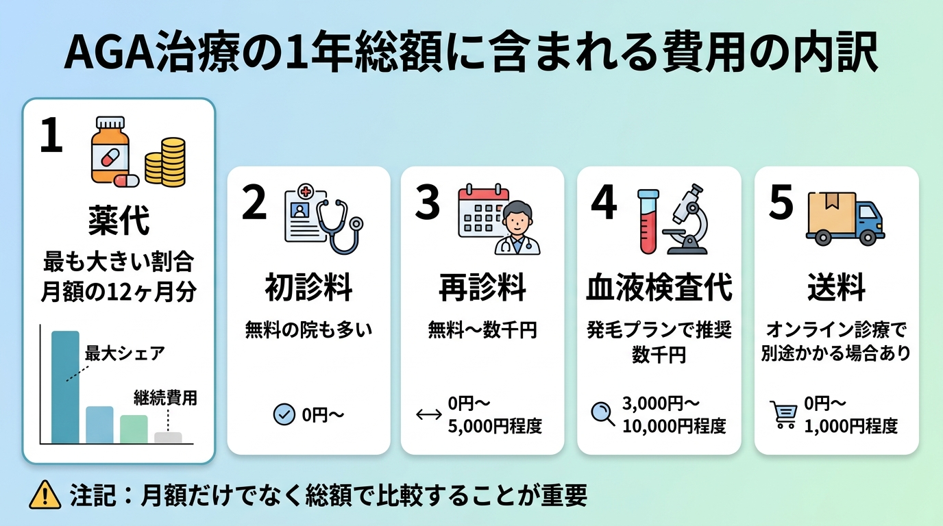 タイトル: AGA治療の1年総額に含まれる費用の内訳。円グラフまたは横並びカードで5項目。項目1: 薬代(最も大きい割合、月額の12ヶ月分)。項目2: 初診料(無料の院も多い)。項目3: 再診料(無料〜数千円)。項目4: 血液検査代(発毛プランで推奨、数千円)。項目5: 送料(オンライン診療で別途かかる場合あり)。注記: 月額だけでなく総額で比較することが重要