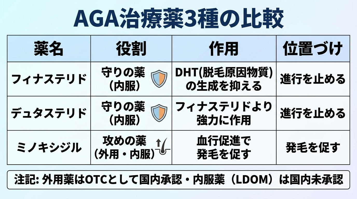 タイトル: AGA治療薬3種の比較。4列の表: ヘッダー行: 薬名 | 役割 | 作用 | 位置づけ。行1: フィナステリド | 守りの薬(内服) | DHT(脱毛原因物質)の生成を抑える | 進行を止める。行2: デュタステリド | 守りの薬(内服) | フィナステリドより強力に作用 | 進行を止める。行3: ミノキシジル | 攻めの薬(外用・内服) | 血行促進で発毛を促す | 発毛を促す。下部注記: 外用薬はOTCとして国内承認・内服薬(LDOM)は国内未承認