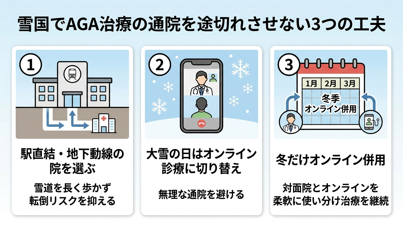 タイトル: 雪国でAGA治療の通院を途切れさせない3つの工夫。横並び3カード。カード1(駅のアイコン)駅直結・地下動線の院を選ぶ: 雪道を長く歩かず転倒リスクを抑える。カード2(スマホのアイコン)大雪の日はオンライン診療に切り替え: 無理な通院を避ける。カード3(カレンダーのアイコン)冬だけオンライン併用: 対面院とオンラインを柔軟に使い分け治療を継続。
