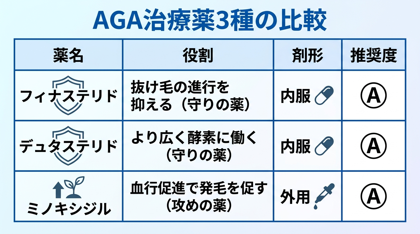 タイトル: AGA治療薬3種の比較。4列の表: ヘッダー行: 薬名 | 役割 | 剤形 | 推奨度。行1: フィナステリド | 抜け毛の進行を抑える(守りの薬) | 内服 | A。行2: デュタステリド | より広く酵素に働く(守りの薬) | 内服 | A。行3: ミノキシジル | 血行促進で発毛を促す(攻めの薬) | 外用 | A