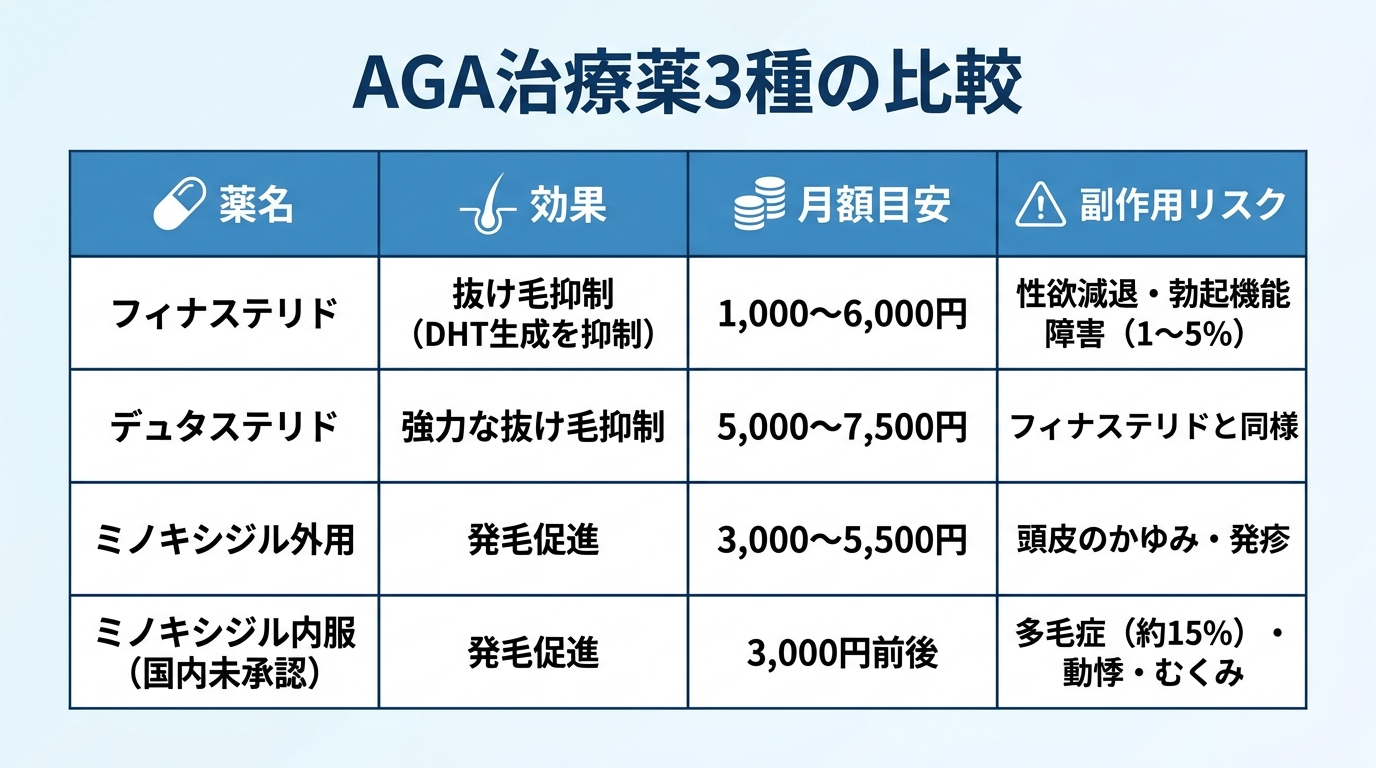 タイトル: AGA治療薬3種の比較。4列の表: ヘッダー行: 薬名 | 効果 | 月額目安 | 副作用リスク。行1: フィナステリド | 抜け毛抑制(DHT生成を抑制) | 1,000〜6,000円 | 性欲減退・勃起機能障害(1〜5%)。行2: デュタステリド | 強力な抜け毛抑制 | 5,000〜7,500円 | フィナステリドと同様。行3: ミノキシジル外用 | 発毛促進 | 3,000〜5,500円 | 頭皮のかゆみ・発疹。行4: ミノキシジル内服(国内未承認) | 発毛促進 | 3,000円前後 | 多毛症(約15%)・動悸・むくみ