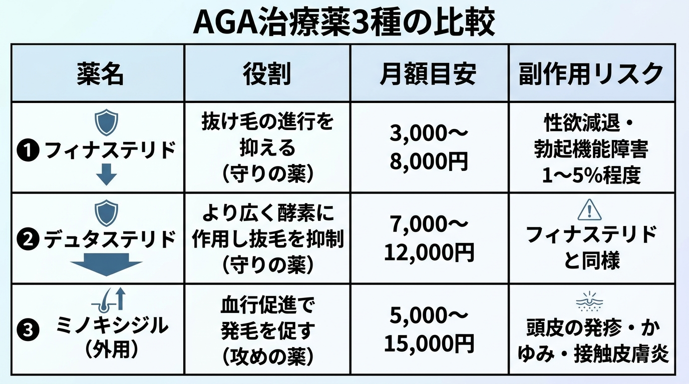 タイトル: AGA治療薬3種の比較。4列の表: ヘッダー行: 薬名 | 役割 | 月額目安 | 副作用リスク。行1: フィナステリド | 抜け毛の進行を抑える(守りの薬) | 3,000〜8,000円 | 性欲減退・勃起機能障害 1〜5%程度。行2: デュタステリド | より広く酵素に作用し抜け毛を抑制(守りの薬) | 7,000〜12,000円 | フィナステリドと同様。行3: ミノキシジル(外用) | 血行促進で発毛を促す(攻めの薬) | 5,000〜15,000円 | 頭皮の発疹・かゆみ・接触皮膚炎