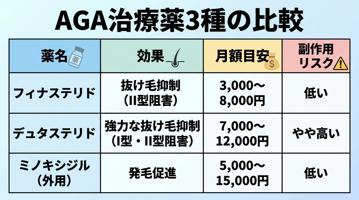 タイトル: AGA治療薬3種の比較。4列の表: ヘッダー行: 薬名 | 効果 | 月額目安 | 副作用リスク。行1: フィナステリド | 抜け毛抑制(II型阻害) | 3,000〜8,000円 | 低い。行2: デュタステリド | 強力な抜け毛抑制(I型・II型阻害) | 7,000〜12,000円 | やや高い。行3: ミノキシジル(外用) | 発毛促進 | 5,000〜15,000円 | 低い