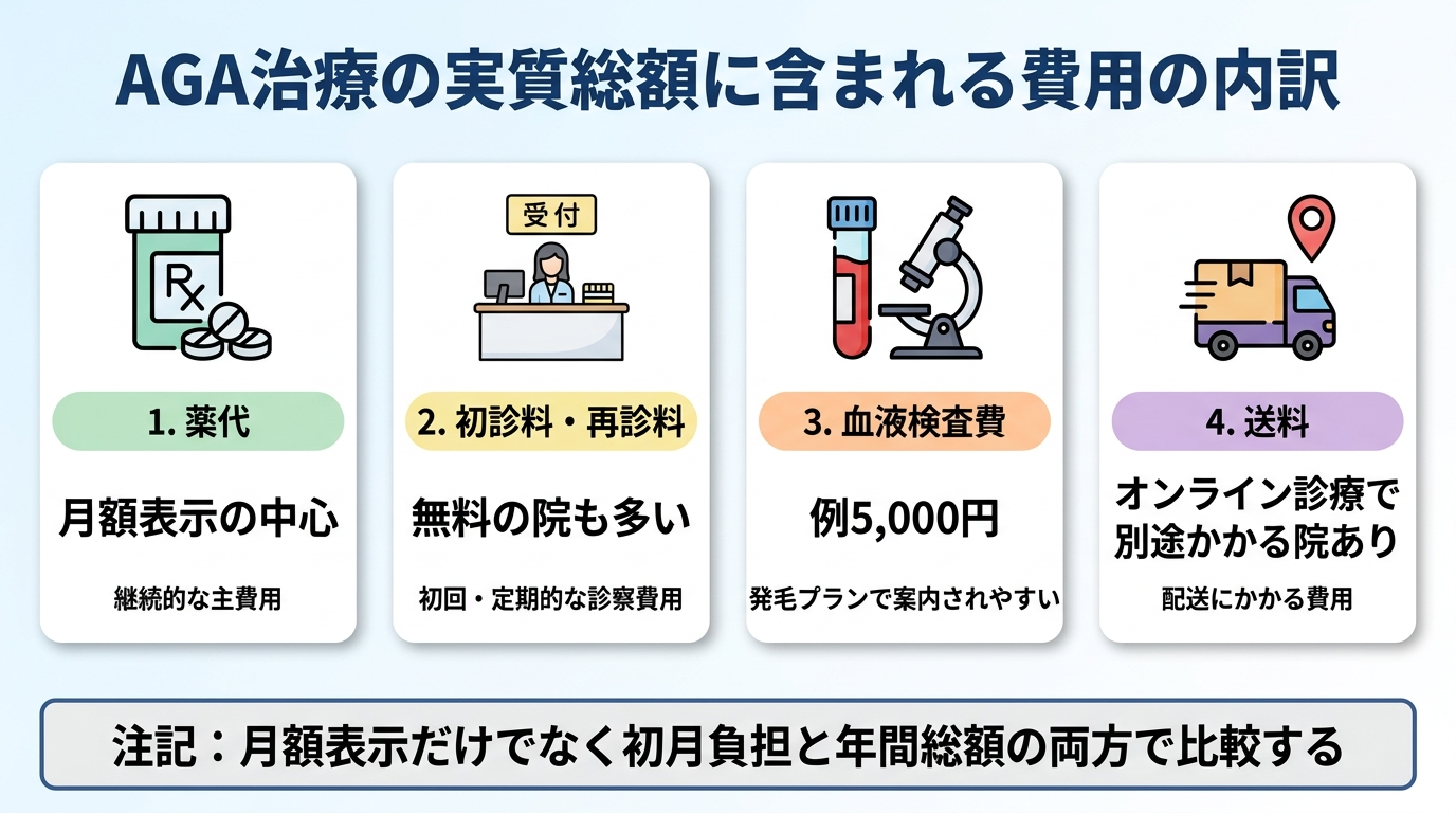 タイトル: AGA治療の実質総額に含まれる費用の内訳。カード型4項目のインフォグラフィック。カード1(薬アイコン): 薬代(月額表示の中心)。カード2(受付アイコン): 初診料・再診料(無料の院も多い)。カード3(血液検査アイコン): 血液検査費(例5,000円、発毛プランで案内されやすい)。カード4(配送アイコン): 送料(オンライン診療で別途かかる院あり)。下部に注記: 月額表示だけでなく初月負担と年間総額の両方で比較する