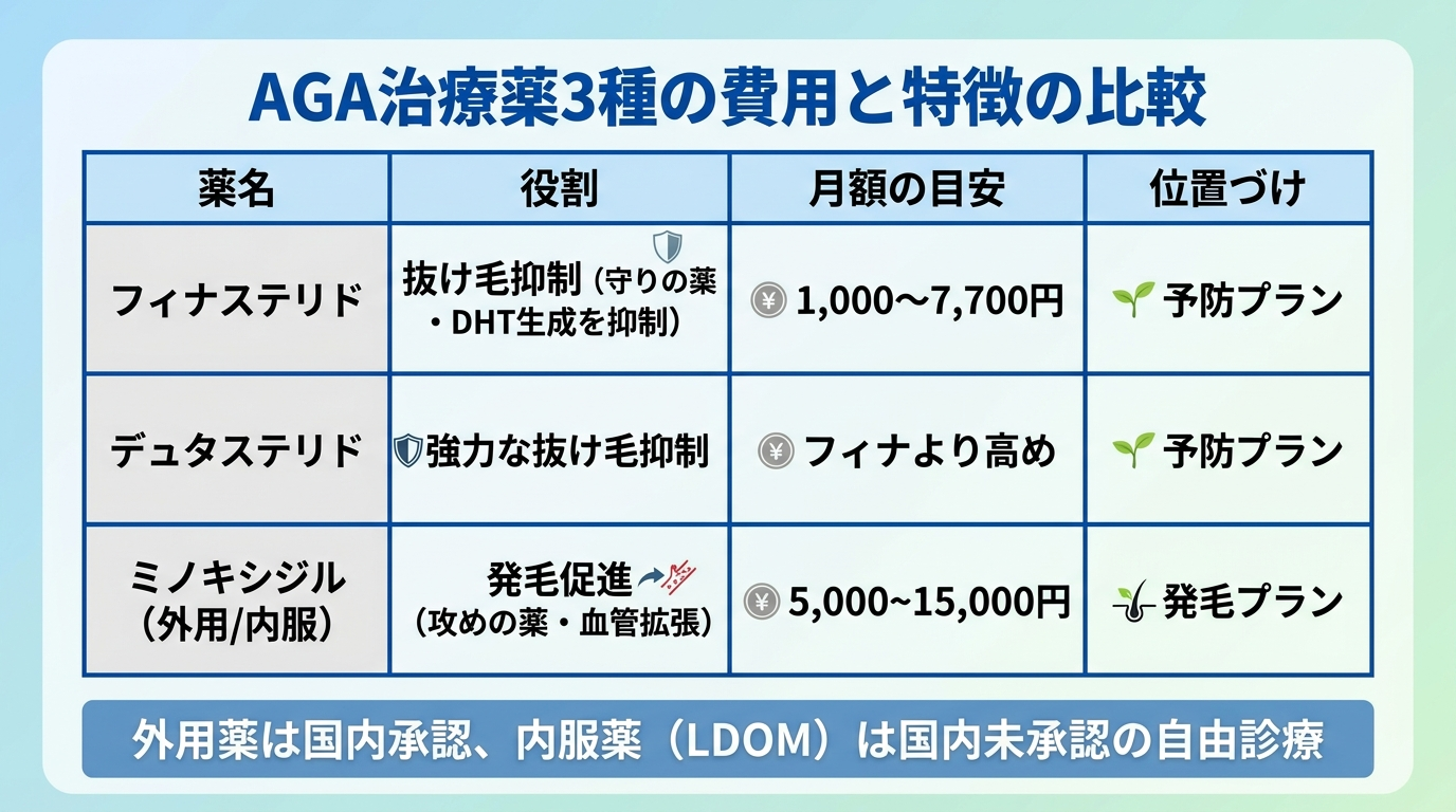 タイトル: AGA治療薬3種の費用と特徴の比較。4列の表: ヘッダー行: 薬名 | 役割 | 月額の目安 | 位置づけ。行1: フィナステリド | 抜け毛抑制（守りの薬・DHT生成を抑制） | 1,000〜7,700円 | 予防プラン。行2: デュタステリド | 強力な抜け毛抑制 | フィナより高め | 予防プラン。行3: ミノキシジル（外用/内服） | 発毛促進（攻めの薬・血管拡張） | 5,000〜15,000円 | 発毛プラン。下部注記: 外用薬は国内承認、内服薬（LDOM）は国内未承認の自由診療