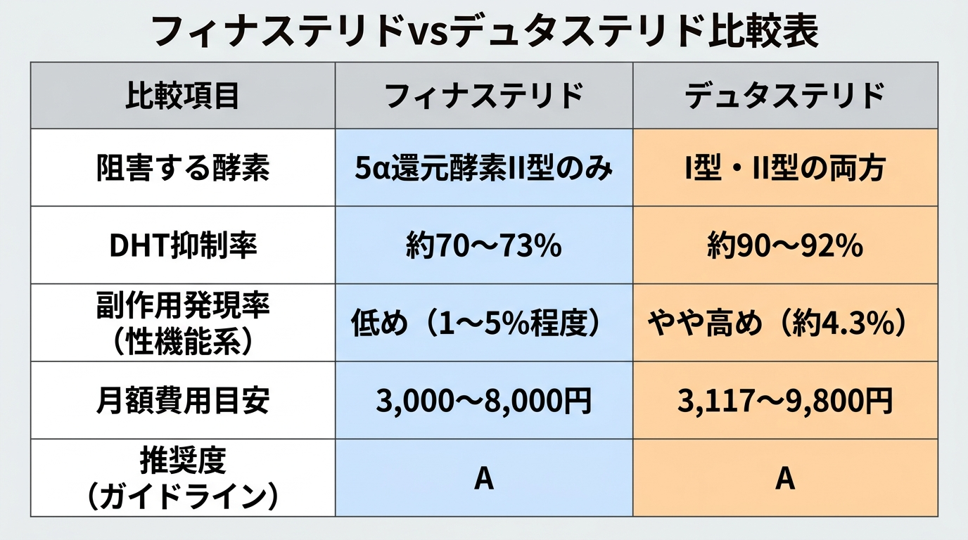 タイトル: フィナステリドvsデュタステリド比較表。4列の表形式。ヘッダー行: 比較項目 | フィナステリド | デュタステリド。行1: 阻害する酵素 | 5α還元酵素II型のみ | I型・II型の両方。行2: DHT抑制率 | 約70〜73% | 約90〜92%。行3: 副作用発現率(性機能系) | 低め(1〜5%程度) | やや高め(約4.3%)。行4: 月額費用目安 | 3,000〜8,000円 | 3,117〜9,800円。行5: 推奨度(ガイドライン) | A | A。フィナステリドは青、デュタステリドはオレンジで色分け