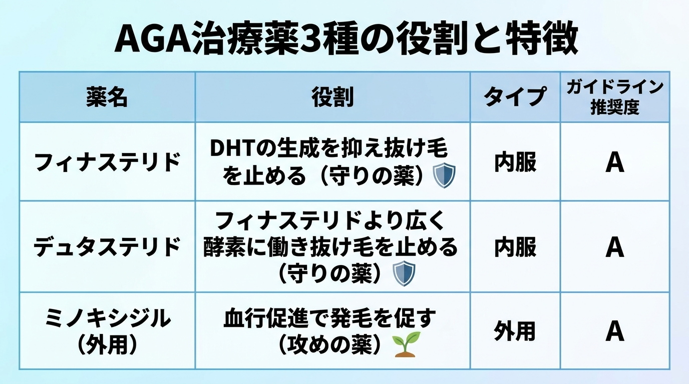 タイトル: AGA治療薬3種の役割と特徴。4列の表: ヘッダー行: 薬名 | 役割 | タイプ | ガイドライン推奨度。行1: フィナステリド | DHTの生成を抑え抜け毛を止める(守りの薬)| 内服 | A。行2: デュタステリド | フィナステリドより広く酵素に働き抜け毛を止める(守りの薬)| 内服 | A。行3: ミノキシジル(外用)| 血行促進で発毛を促す(攻めの薬)| 外用 | A