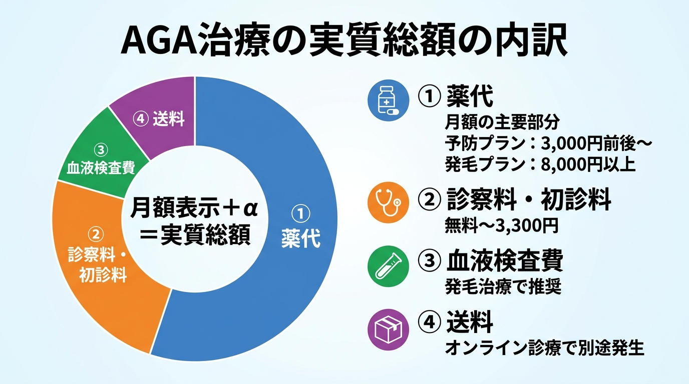 タイトル: AGA治療の実質総額の内訳。円グラフ型または積み上げ図で費用構成を表示: 項目1: 薬代(月額の主要部分。予防プラン3,000円前後〜発毛プラン8,000円以上)。項目2: 診察料・初診料(無料〜3,300円)。項目3: 血液検査費(発毛治療で推奨)。項目4: 送料(オンライン診療で別途発生)。中央に「月額表示+α=実質総額」の注記