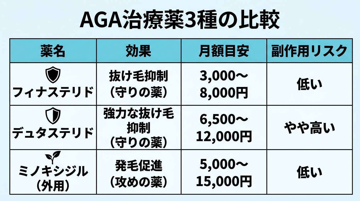 タイトル: AGA治療薬3種の比較。4列の表: ヘッダー行: 薬名 | 効果 | 月額目安 | 副作用リスク。行1: フィナステリド | 抜け毛抑制(守りの薬) | 3,000〜8,000円 | 低い。行2: デュタステリド | 強力な抜け毛抑制(守りの薬) | 6,500〜12,000円 | やや高い。行3: ミノキシジル(外用) | 発毛促進(攻めの薬) | 5,000〜15,000円 | 低い