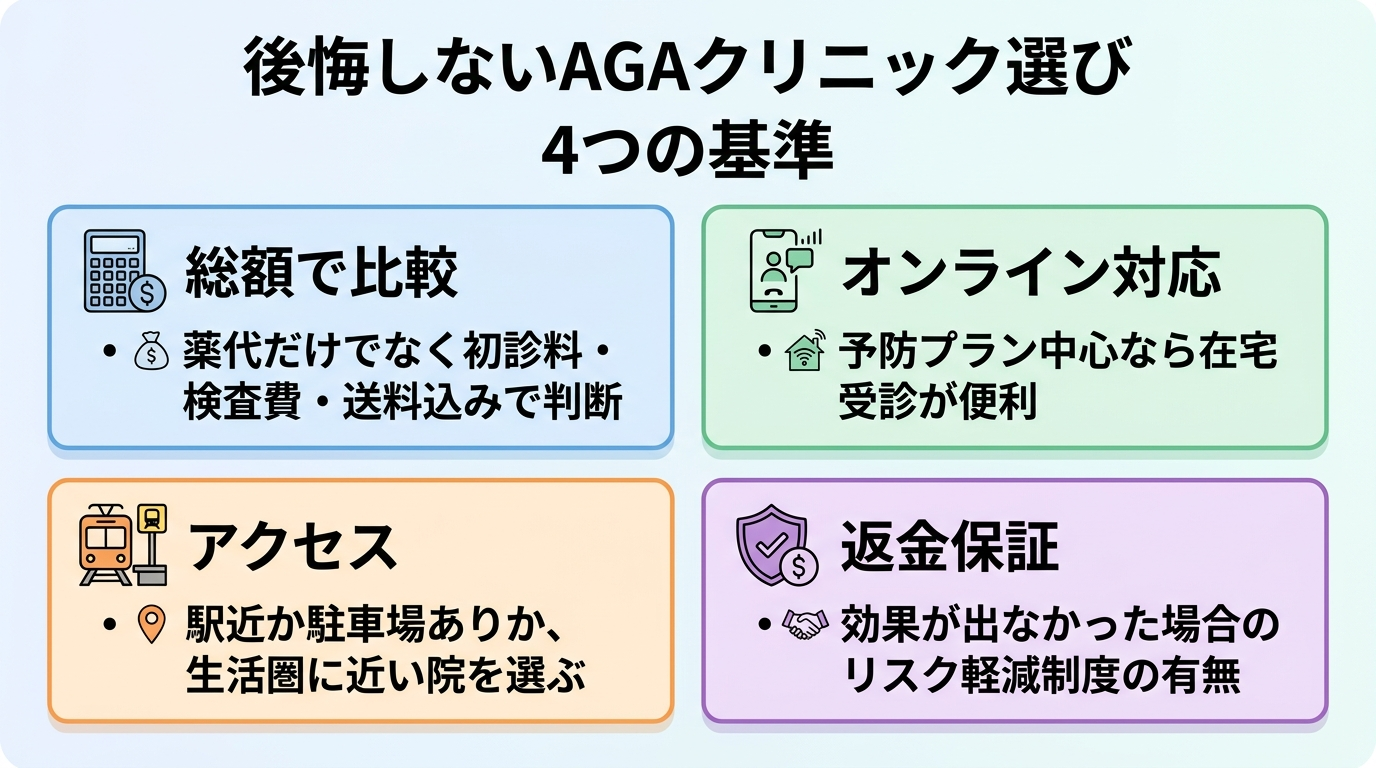 タイトル: 後悔しないAGAクリニック選び 4つの基準。2×2のカード型で: カード1(電卓のアイコン)総額で比較:薬代だけでなく初診料・検査費・送料込みで判断。カード2(スマホのアイコン)オンライン対応:予防プラン中心なら在宅受診が便利。カード3(電車のアイコン)アクセス:駅近か駐車場ありか、生活圏に近い院を選ぶ。カード4(盾のアイコン)返金保証:効果が出なかった場合のリスク軽減制度の有無