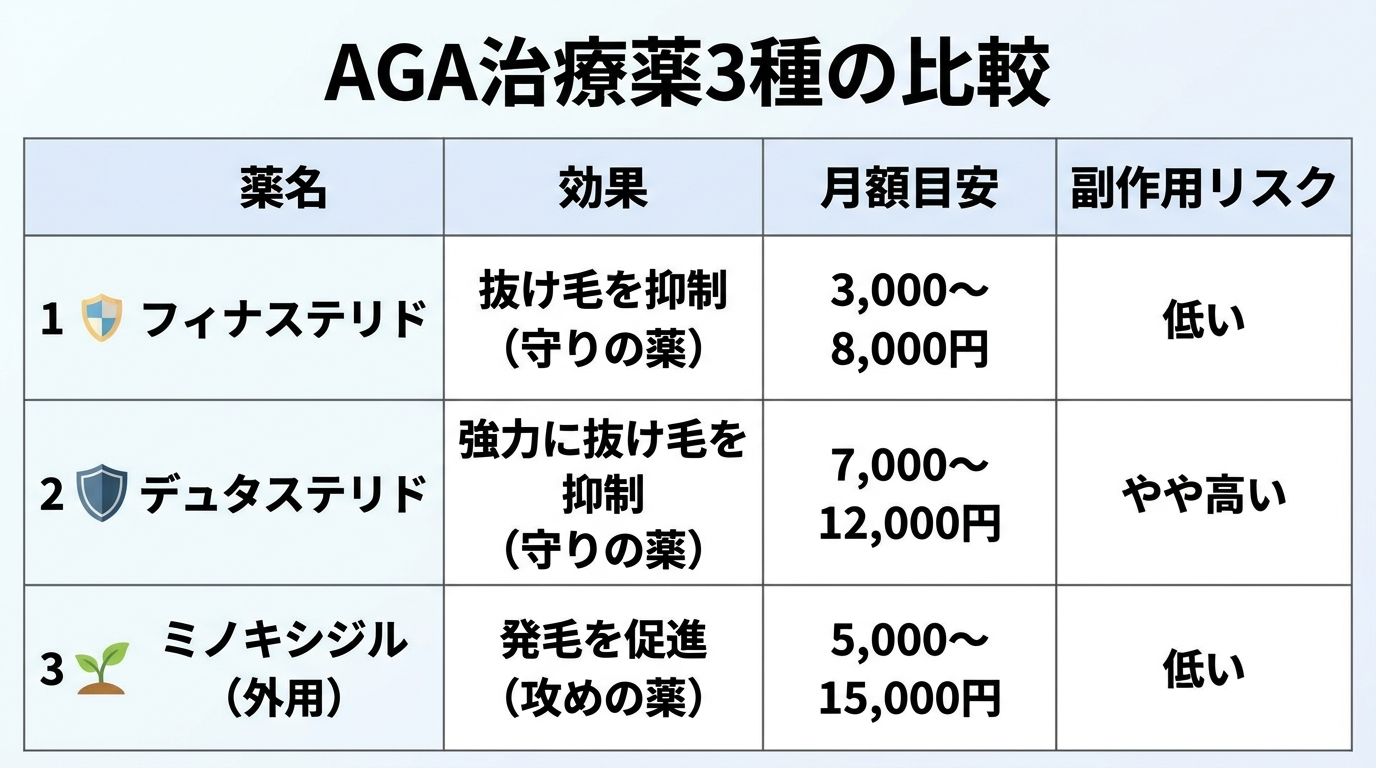 タイトル: AGA治療薬3種の比較。4列の表: ヘッダー行: 薬名 | 効果 | 月額目安 | 副作用リスク。行1: フィナステリド | 抜け毛を抑制(守りの薬) | 3,000〜8,000円 | 低い。行2: デュタステリド | 強力に抜け毛を抑制(守りの薬) | 7,000〜12,000円 | やや高い。行3: ミノキシジル(外用) | 発毛を促進(攻めの薬) | 5,000〜15,000円 | 低い