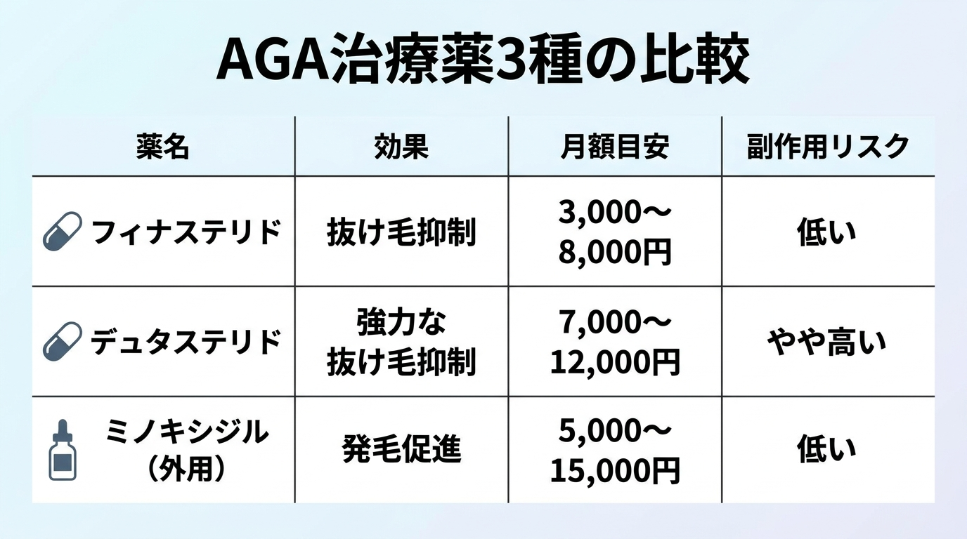 タイトル: AGA治療薬3種の比較。4列の表: ヘッダー行: 薬名 | 効果 | 月額目安 | 副作用リスク。行1: フィナステリド | 抜け毛抑制 | 3,000〜8,000円 | 低い。行2: デュタステリド | 強力な抜け毛抑制 | 7,000〜12,000円 | やや高い。行3: ミノキシジル(外用) | 発毛促進 | 5,000〜15,000円 | 低い
