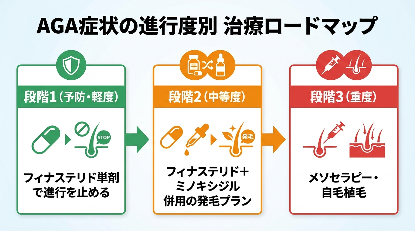 タイトル: AGA症状の進行度別 治療ロードマップ。縦3段のフロー図: 段階1(予防・軽度): フィナステリド単剤で進行を止める。段階2(中等度): フィナステリド+ミノキシジル併用の発毛プラン。段階3(重度): メソセラピー・自毛植毛。矢印で段階1→2→3へつながる