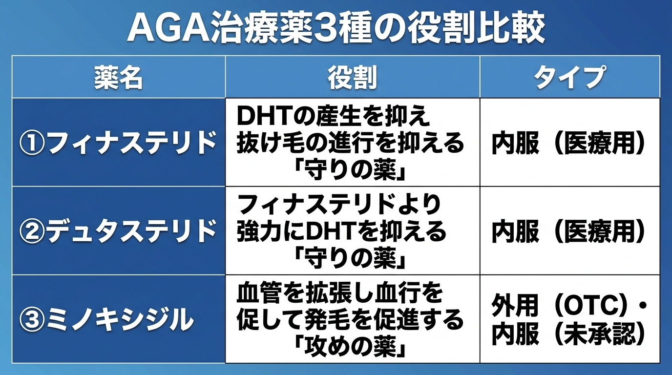 タイトル: AGA治療薬3種の役割比較。3列の表形式インフォグラフィック。ヘッダー行: 薬名 | 役割 | タイプ。行1: フィナステリド | DHTの産生を抑え抜け毛の進行を抑える「守りの薬」 | 内服(医療用)。行2: デュタステリド | フィナステリドより強力にDHTを抑える「守りの薬」 | 内服(医療用)。行3: ミノキシジル | 血管を拡張し血行を促して発毛を促進する「攻めの薬」 | 外用(OTC)・内服(未承認)