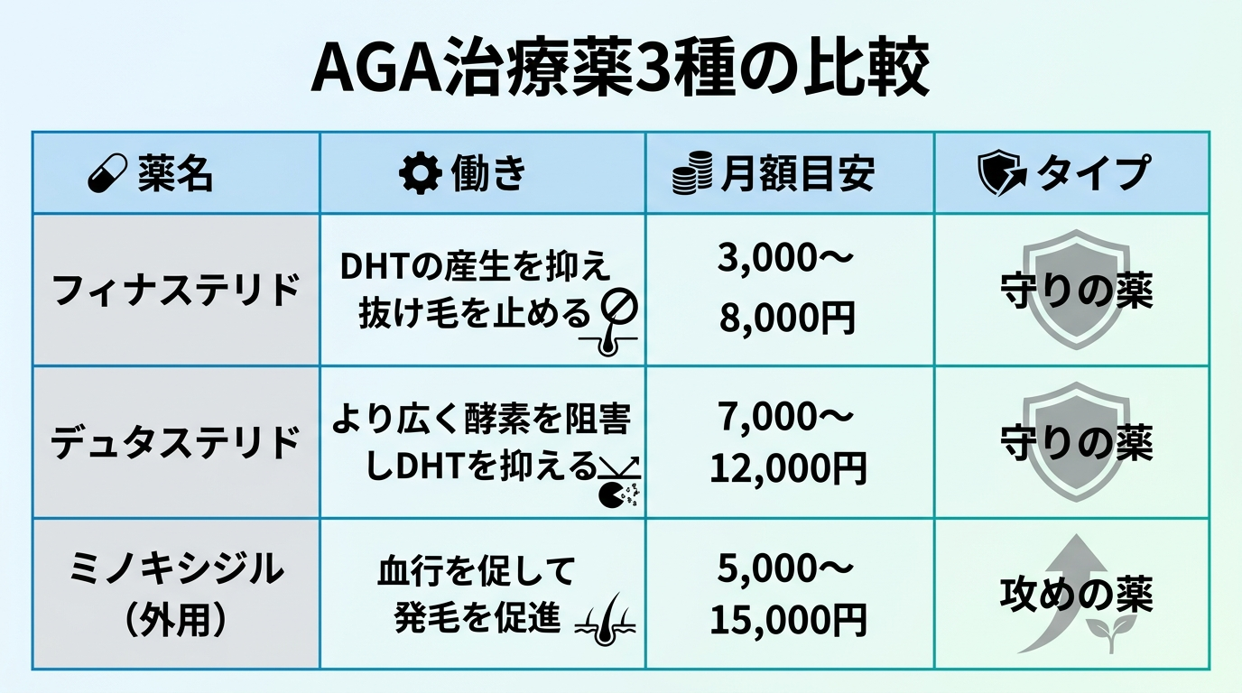 タイトル: AGA治療薬3種の比較。4列の表: ヘッダー行: 薬名 | 働き | 月額目安 | タイプ。行1: フィナステリド | DHTの産生を抑え抜け毛を止める | 3,000〜8,000円 | 守りの薬。行2: デュタステリド | より広く酵素を阻害しDHTを抑える | 7,000〜12,000円 | 守りの薬。行3: ミノキシジル(外用) | 血行を促して発毛を促進 | 5,000〜15,000円 | 攻めの薬