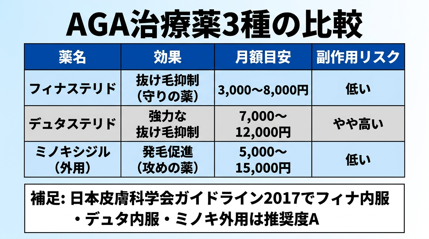 タイトル: AGA治療薬3種の比較。4列の表: ヘッダー行: 薬名 | 効果 | 月額目安 | 副作用リスク。行1: フィナステリド | 抜け毛抑制(守りの薬) | 3,000〜8,000円 | 低い。行2: デュタステリド | 強力な抜け毛抑制 | 7,000〜12,000円 | やや高い。行3: ミノキシジル(外用) | 発毛促進(攻めの薬) | 5,000〜15,000円 | 低い。補足: 日本皮膚科学会ガイドライン2017でフィナ内服・デュタ内服・ミノキ外用は推奨度A。
