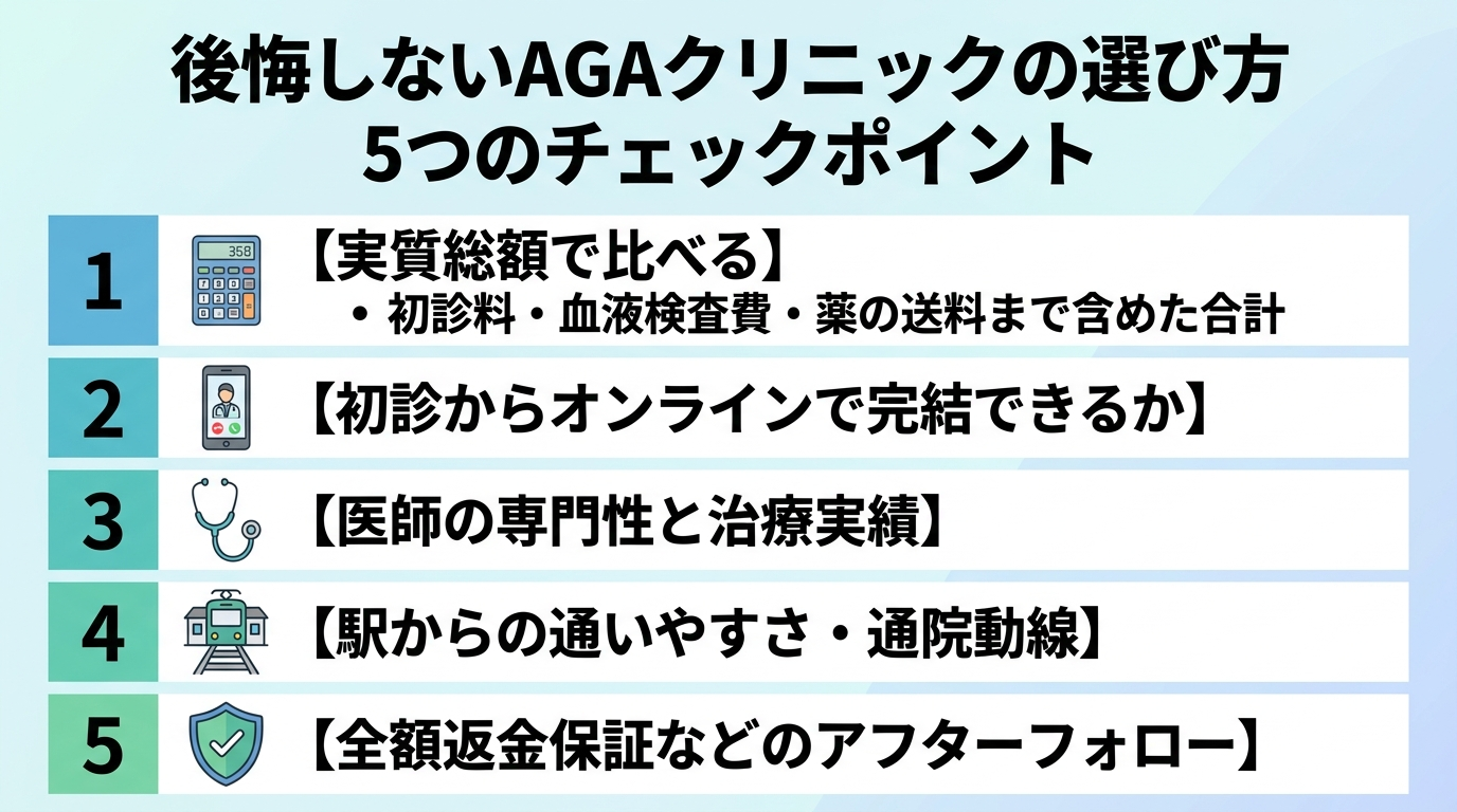 タイトル: 後悔しないAGAクリニックの選び方 5つのチェックポイント。縦並びチェックリスト形式。項目1(電卓アイコン): 実質総額で比べる(初診料・血液検査費・薬の送料まで含めた合計)。項目2(スマホアイコン): 初診からオンラインで完結できるか。項目3(聴診器アイコン): 医師の専門性と治療実績。項目4(駅アイコン): 駅からの通いやすさ・通院動線。項目5(盾アイコン): 全額返金保証などのアフターフォロー。