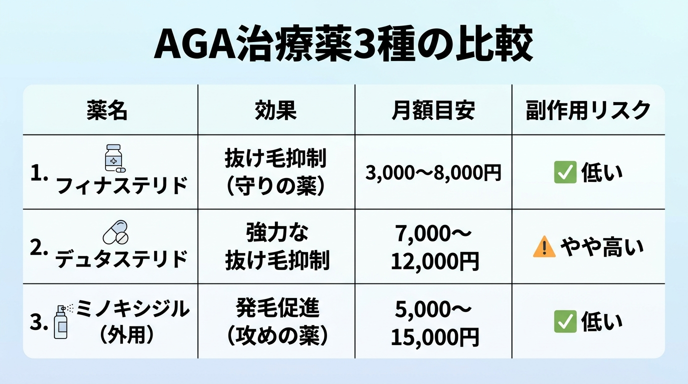 タイトル: AGA治療薬3種の比較。4列の表: ヘッダー行: 薬名 | 効果 | 月額目安 | 副作用リスク。行1: フィナステリド | 抜け毛抑制(守りの薬) | 3,000〜8,000円 | 低い。行2: デュタステリド | 強力な抜け毛抑制 | 7,000〜12,000円 | やや高い。行3: ミノキシジル(外用) | 発毛促進(攻めの薬) | 5,000〜15,000円 | 低い