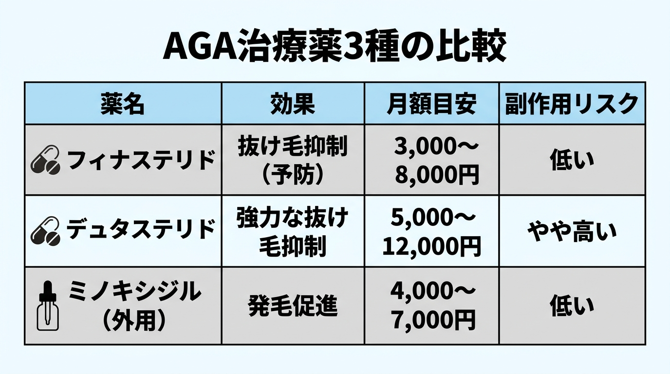 タイトル: AGA治療薬3種の比較。4列の表: ヘッダー行: 薬名 | 効果 | 月額目安 | 副作用リスク。行1: フィナステリド | 抜け毛抑制（予防） | 3,000〜8,000円 | 低い。行2: デュタステリド | 強力な抜け毛抑制 | 5,000〜12,000円 | やや高い。行3: ミノキシジル（外用） | 発毛促進 | 4,000〜7,000円 | 低い