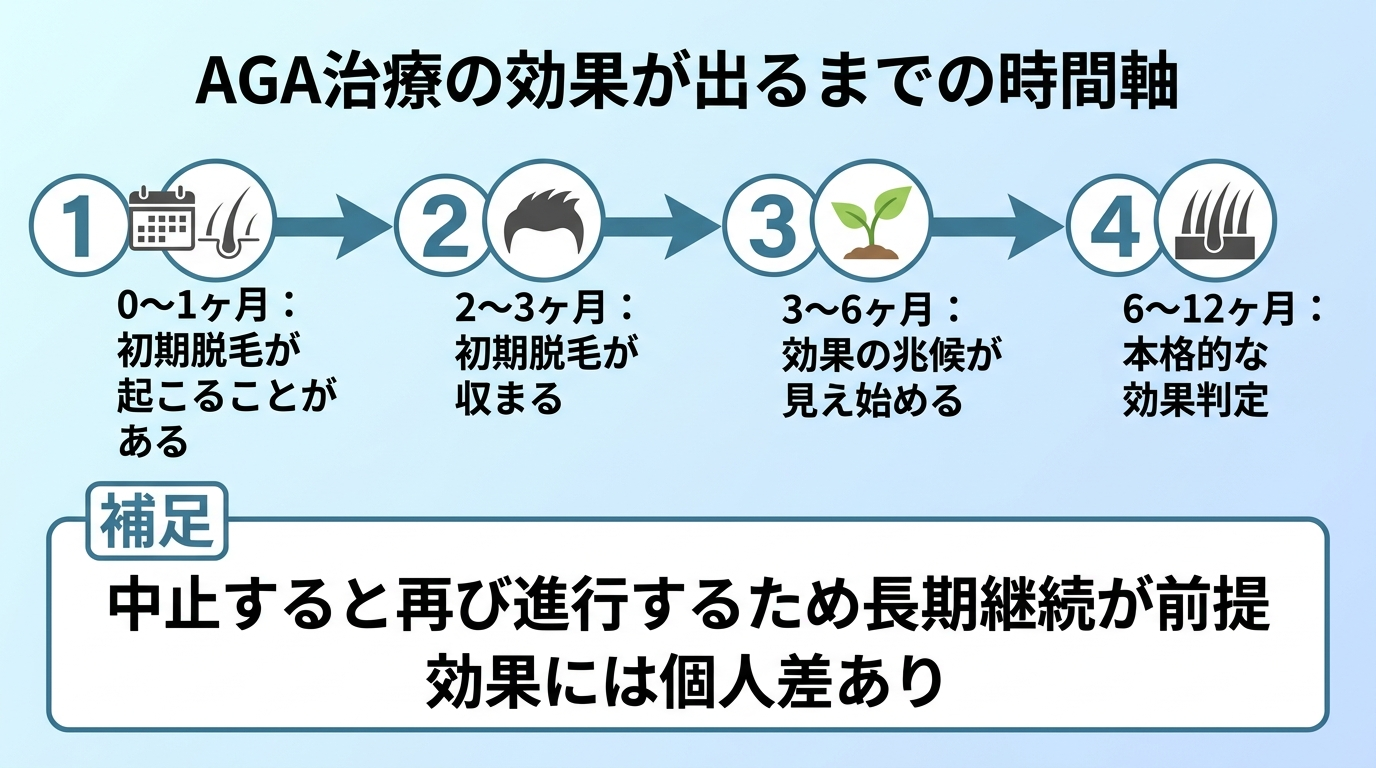 タイトル: AGA治療の効果が出るまでの時間軸。横向きのタイムライン図: 0〜1ヶ月（初期脱毛が起こることがある）→ 2〜3ヶ月（初期脱毛が収まる）→ 3〜6ヶ月（効果の兆候が見え始める）→ 6〜12ヶ月（本格的な効果判定）。下部に補足『中止すると再び進行するため長期継続が前提／効果には個人差あり』