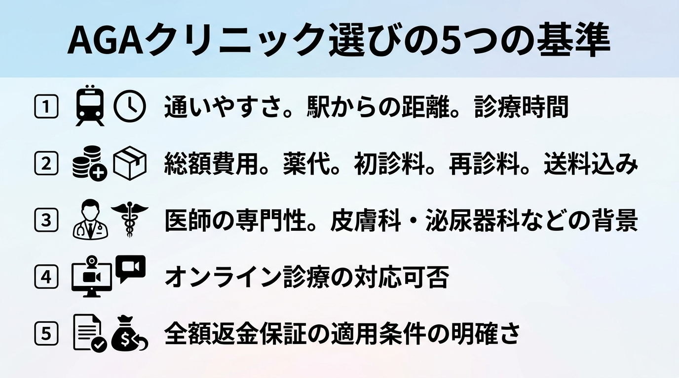 タイトル: AGAクリニック選びの5つの基準。縦並び5項目のチェックリスト形式: 1. 通いやすさ（駅からの距離・診療時間）。2. 総額費用（薬代＋初診料・再診料・送料込み）。3. 医師の専門性（皮膚科・泌尿器科などの背景）。4. オンライン診療の対応可否。5. 全額返金保証の適用条件の明確さ