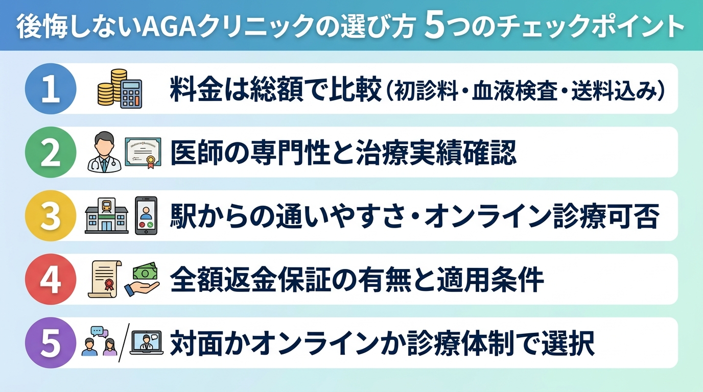 タイトル: 後悔しないAGAクリニックの選び方 5つのチェックポイント。縦並びチェックリスト形式: 1. 料金は総額で比較する（初診料・血液検査・送料込み）。2. 医師の専門性と治療実績を確認する。3. 駅からの通いやすさ・オンライン診療の可否。4. 全額返金保証の有無と適用条件。5. 対面かオンラインか、診療体制で選ぶ