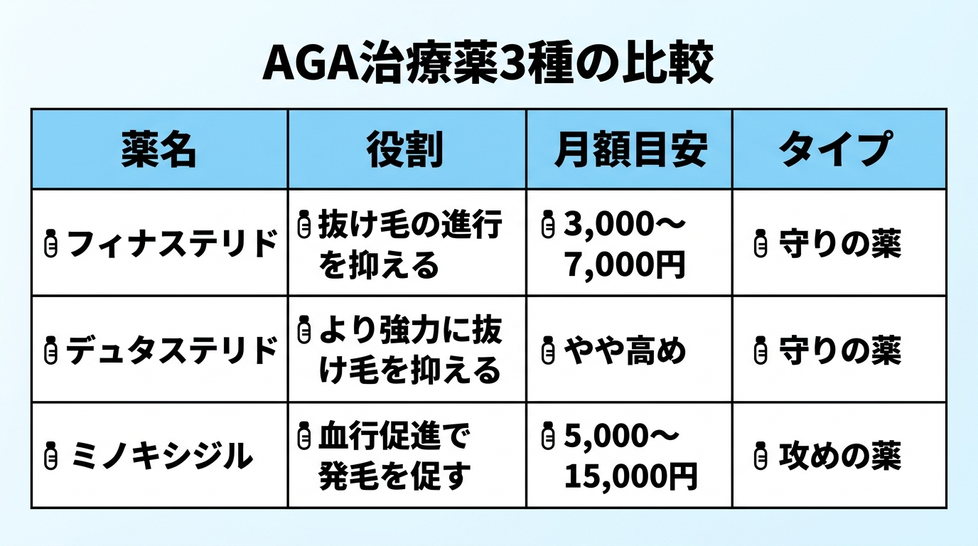 タイトル: AGA治療薬3種の比較。4列の表: ヘッダー行: 薬名 | 役割 | 月額目安 | タイプ。行1: フィナステリド | 抜け毛の進行を抑える | 3,000〜7,000円 | 守りの薬。行2: デュタステリド | より強力に抜け毛を抑える | やや高め | 守りの薬。行3: ミノキシジル | 血行促進で発毛を促す | 5,000〜15,000円 | 攻めの薬