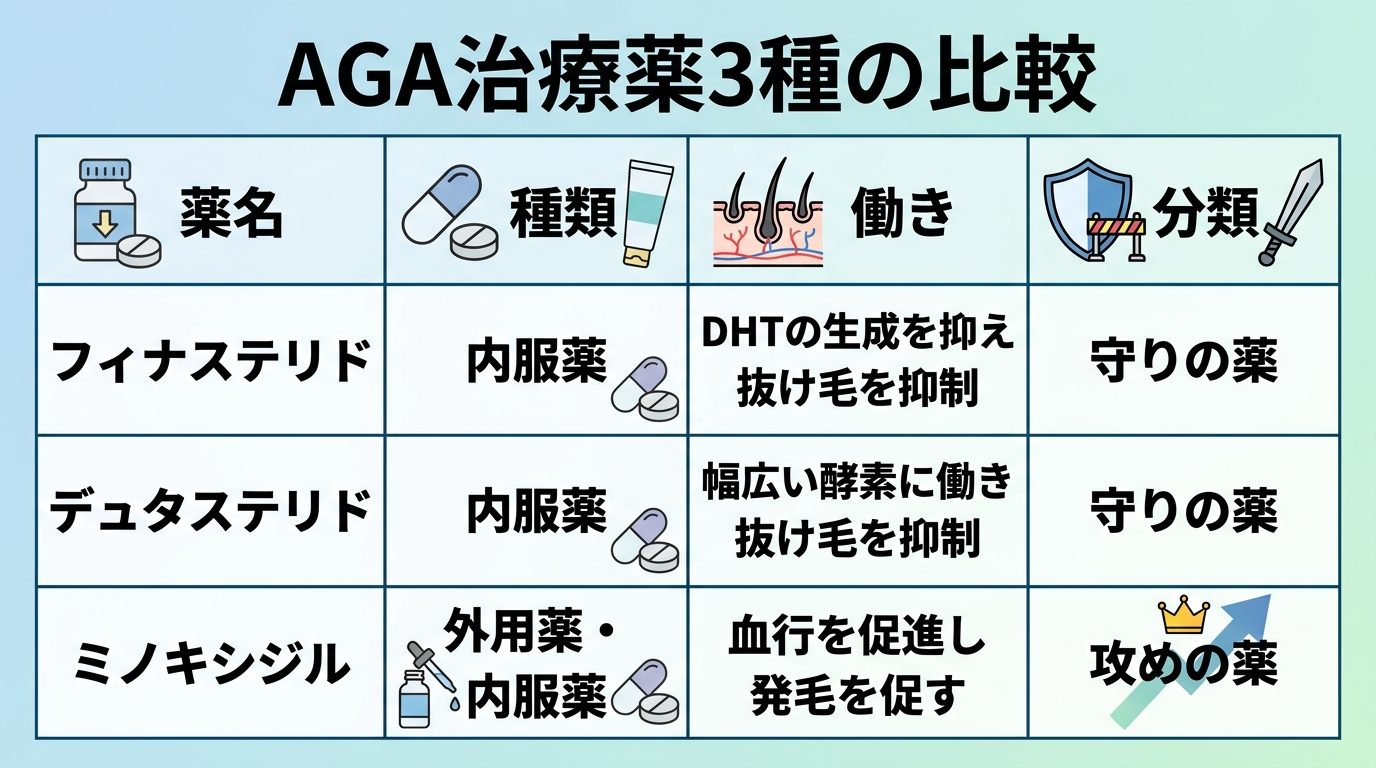 タイトル: AGA治療薬3種の比較。4列の表: ヘッダー行: 薬名 | 種類 | 働き | 分類。行1: フィナステリド | 内服薬 | DHTの生成を抑え抜け毛を抑制 | 守りの薬。行2: デュタステリド | 内服薬 | 幅広い酵素に働き抜け毛を抑制 | 守りの薬。行3: ミノキシジル | 外用薬・内服薬 | 血行を促進し発毛を促す | 攻めの薬