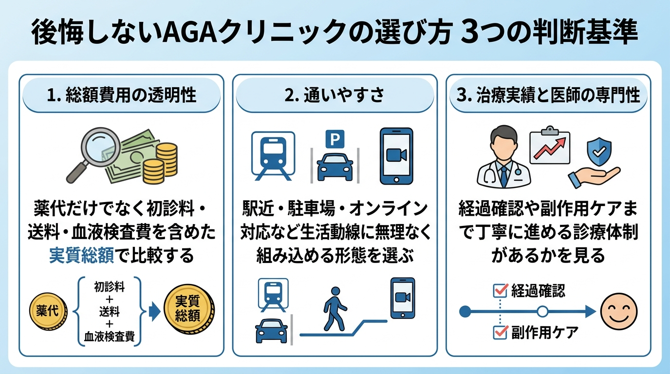 タイトル: 後悔しないAGAクリニックの選び方 3つの判断基準。縦並び3項目のチェックリスト形式。項目1: 総額費用の透明性 — 薬代だけでなく初診料・送料・血液検査費を含めた実質総額で比較する。項目2: 通いやすさ — 駅近・駐車場・オンライン対応など生活動線に無理なく組み込める形態を選ぶ。項目3: 治療実績と医師の専門性 — 経過確認や副作用ケアまで丁寧に進める診療体制があるかを見る。
