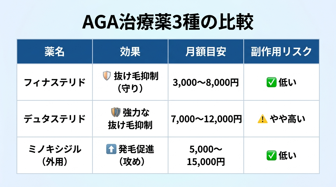 タイトル: AGA治療薬3種の比較。4列の表: ヘッダー行: 薬名 | 効果 | 月額目安 | 副作用リスク。行1: フィナステリド | 抜け毛抑制(守り) | 3,000〜8,000円 | 低い。行2: デュタステリド | 強力な抜け毛抑制 | 7,000〜12,000円 | やや高い。行3: ミノキシジル(外用) | 発毛促進(攻め) | 5,000〜15,000円 | 低い