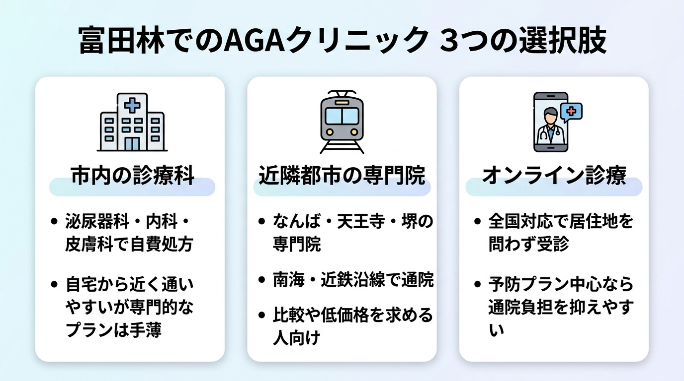 タイトル: 富田林でのAGAクリニック 3つの選択肢。横並び3カードで比較。カード1(診療所のアイコン)ヘッダー: 市内の診療科、説明: 泌尿器科・内科・皮膚科で自費処方。自宅から近く通いやすいが専門的なプランは手薄。カード2(電車のアイコン)ヘッダー: 近隣都市の専門院、説明: なんば・天王寺・堺の専門院。南海・近鉄沿線で通院。比較や低価格を求める人向け。カード3(スマホのアイコン)ヘッダー: オンライン診療、説明: 全国対応で居住地を問わず受診。予防プラン中心なら通院負担を抑えやすい。