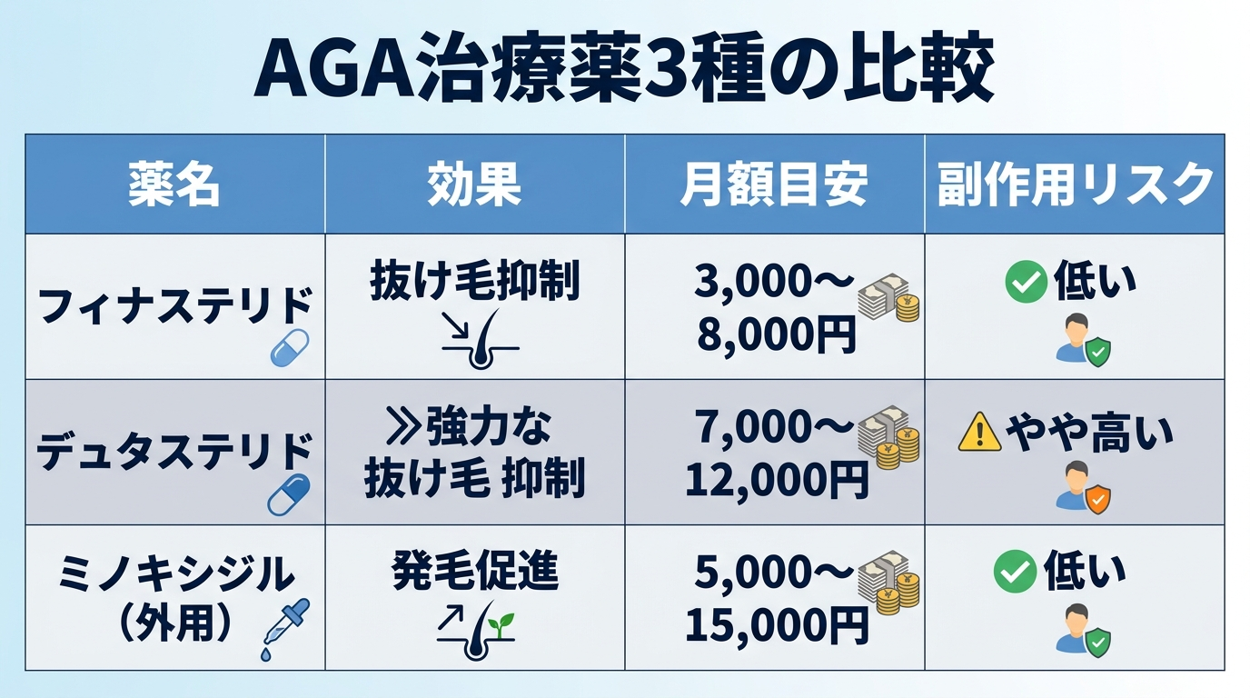 タイトル: AGA治療薬3種の比較。4列の表: ヘッダー行: 薬名 | 効果 | 月額目安 | 副作用リスク。行1: フィナステリド | 抜け毛抑制 | 3,000〜8,000円 | 低い。行2: デュタステリド | 強力な抜け毛抑制 | 7,000〜12,000円 | やや高い。行3: ミノキシジル(外用) | 発毛促進 | 5,000〜15,000円 | 低い。