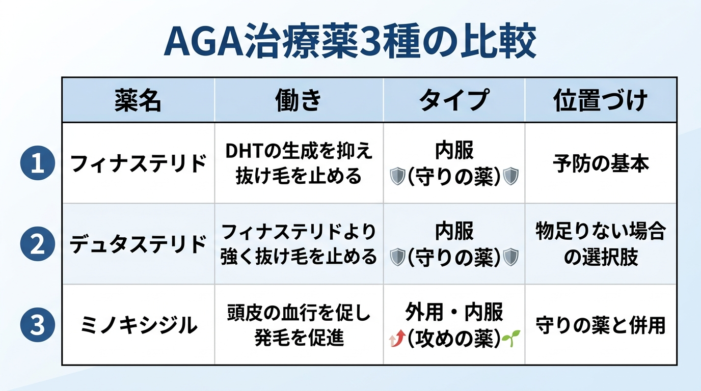 タイトル: AGA治療薬3種の比較。4列の表形式インフォグラフィック。ヘッダー行: 薬名 | 働き | タイプ | 位置づけ。行1: フィナステリド | DHTの生成を抑え抜け毛を止める | 内服（守りの薬） | 予防の基本。行2: デュタステリド | フィナステリドより強く抜け毛を止める | 内服（守りの薬） | 物足りない場合の選択肢。行3: ミノキシジル | 頭皮の血行を促し発毛を促進 | 外用・内服（攻めの薬） | 守りの薬と併用