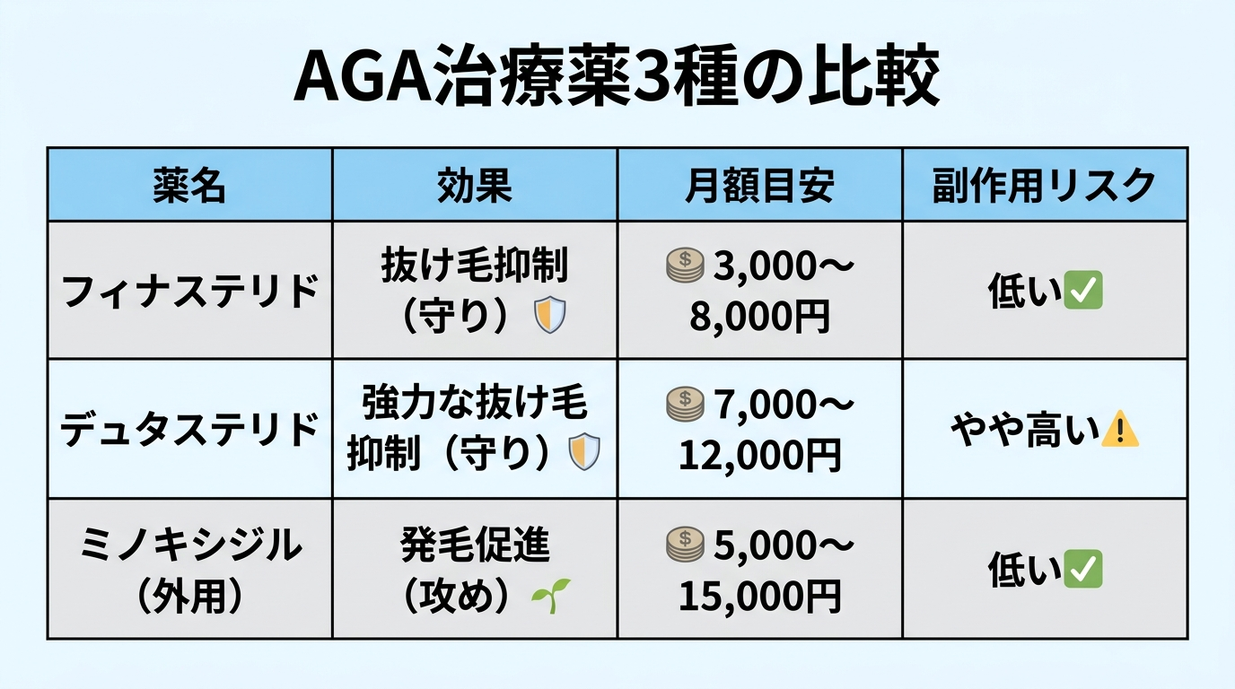 タイトル: AGA治療薬3種の比較。4列の表: ヘッダー行: 薬名 | 効果 | 月額目安 | 副作用リスク。行1: フィナステリド | 抜け毛抑制（守り） | 3,000〜8,000円 | 低い。行2: デュタステリド | 強力な抜け毛抑制（守り） | 7,000〜12,000円 | やや高い。行3: ミノキシジル（外用） | 発毛促進（攻め） | 5,000〜15,000円 | 低い