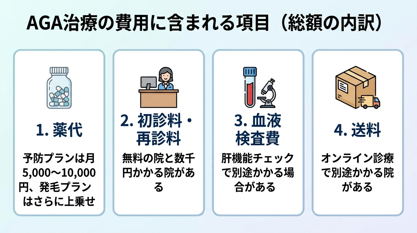 タイトル: AGA治療の費用に含まれる項目（総額の内訳）。カード型4項目のインフォグラフィック。カード1（薬瓶アイコン）: 薬代。予防プランは月5,000〜10,000円、発毛プランはさらに上乗せ。カード2（受付アイコン）: 初診料・再診料。無料の院と数千円かかる院がある。カード3（採血アイコン）: 血液検査費。肝機能チェックで別途かかる場合がある。カード4（配送アイコン）: 送料。オンライン診療で別途かかる院がある。