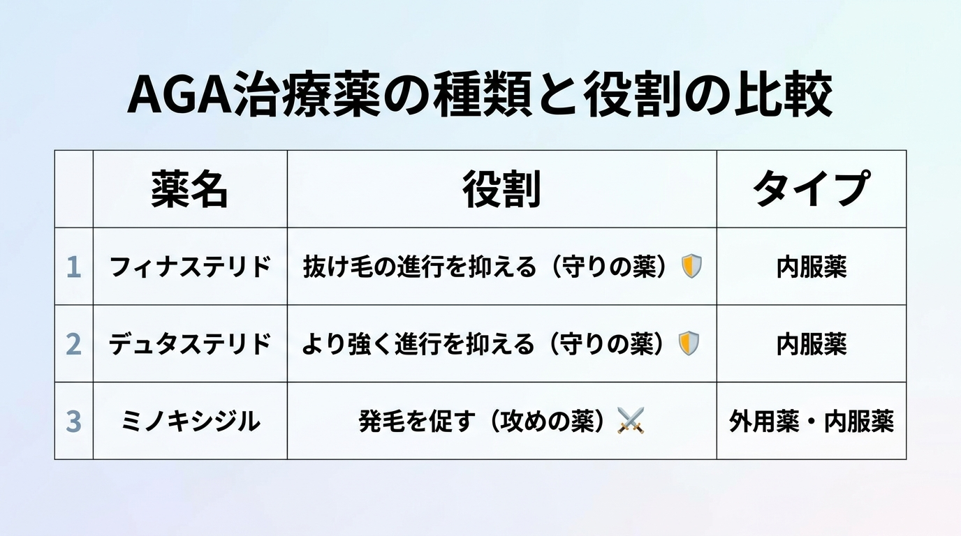 タイトル: AGA治療薬の種類と役割の比較。3列の表。ヘッダー行: 薬名 | 役割 | タイプ。行1: フィナステリド | 抜け毛の進行を抑える（守りの薬） | 内服薬。行2: デュタステリド | より強く進行を抑える（守りの薬） | 内服薬。行3: ミノキシジル | 発毛を促す（攻めの薬） | 外用薬・内服薬。