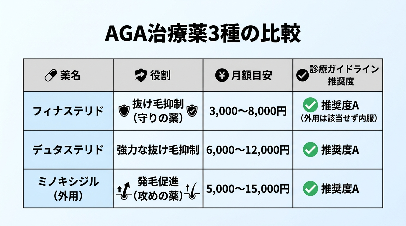 タイトル: AGA治療薬3種の比較。4列の表: ヘッダー行: 薬名 | 役割 | 月額目安 | 診療ガイドライン推奨度。行1: フィナステリド | 抜け毛抑制（守りの薬） | 3,000〜8,000円 | 推奨度A（外用は該当せず内服）。行2: デュタステリド | 強力な抜け毛抑制 | 6,000〜12,000円 | 推奨度A。行3: ミノキシジル（外用） | 発毛促進（攻めの薬） | 5,000〜15,000円 | 推奨度A。